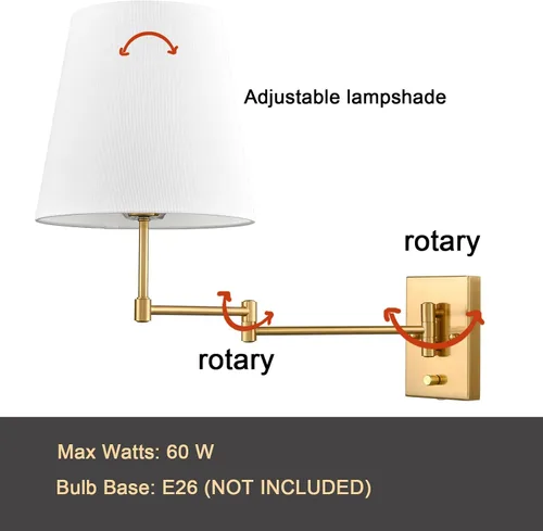 Vista 4 de HYDELITE Lámpara de pared dorada con brazo oscilante, apliques de pared de latón con pantalla de lino, accesorios de pared enchufables o cableados