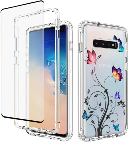 Vista 8 de Funda para Galaxy S10+ Plus, SM-G975U con protector de pantalla de vidrio templado, carcasa rígida de protección de diseño floral de cuerpo completo