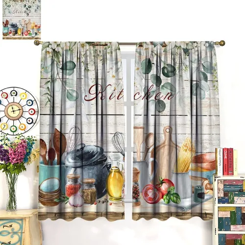 Vista 3 de Cortinas de cocina estilo retro, 2 paneles con bolsillo para cortinero, decoración de dormitorio, cocina, cafetería, 42 pulgadas de ancho x 45
