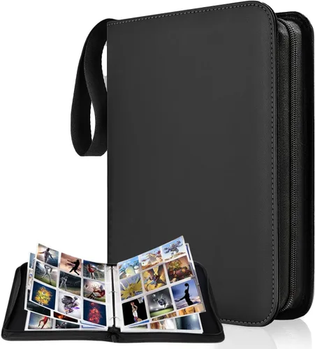 Vista 7 de Carpeta de tarjetas coleccionables de 4 bolsillos, 400 bolsillos para tarjetas de Pokémon con cremallera, 50 fundas compatible con tarjetas Negro