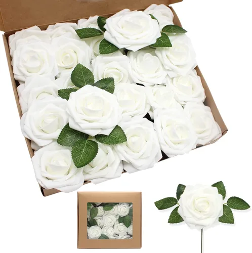 Vista 8 de Rosas artificiales de color rosa claro, 100 unidades, rosas falsas de espuma de aspecto real con tallos para ramos de boda, centros de mesa