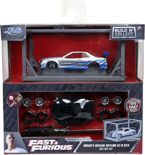 Vista 4 de Jada Toys Fast & Furious 1:55 Brian's 2002 Nissan GT-R R34 Build N' Collect Kit de modelo fundido a presión, juguetes para niños y adultos