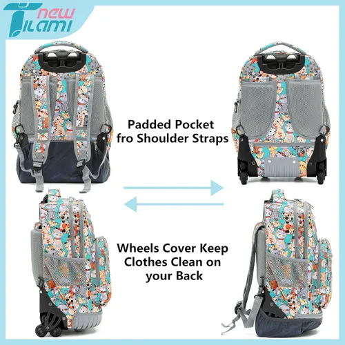 Vista 5 de NEW TILAMI Mochila con ruedas para niñas y niños de 1618 pulgadas, mochila para computadora portátil para niños, mochila escolar de viaje, Gatos