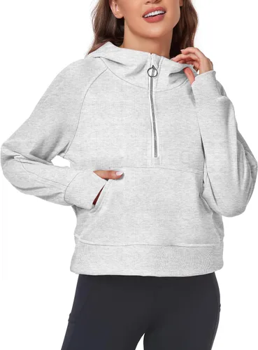 Vista 2 de FKEEP Womens Half Zip Hoodies Quarter Zipper Up Cropped Sweatshirt Long Sleeve Athletic Pullover Tops with Thumb Hole