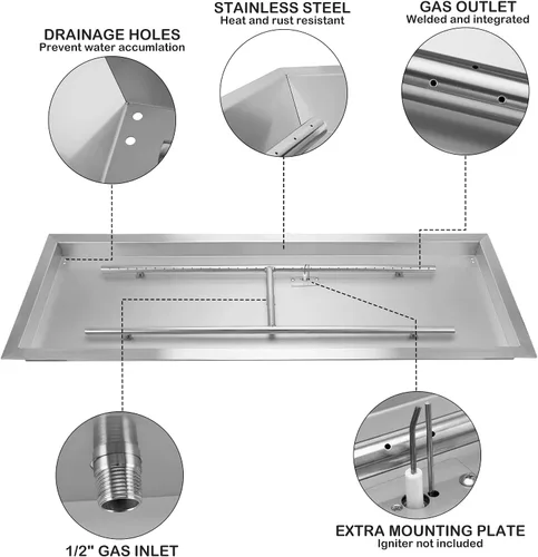 Vista 4 de Stanbroil Fogata rectangular de gas desplegable de 24 x 8 pulgadas con kit de encendido por chispa, 304 SS, versión de gas propano, 90,000 BTU máximo