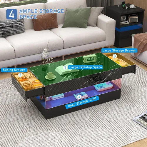 Vista 4 de chartustriable Mesa auxiliar grande de 39.4 pulgadas con LED de alto brillo con 2 cajones deslizantes, mesas de centro de almacenamiento para sala