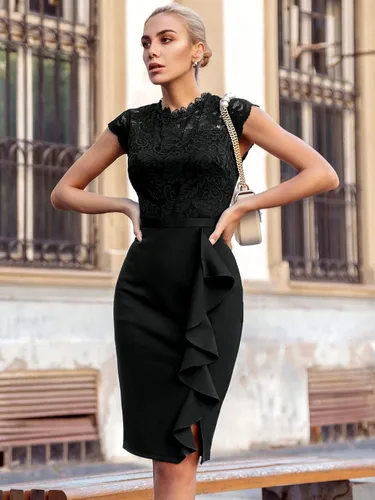 Vista 3 de Miusol vestido de cóctel corto para mujer, estilo retro y floral, con encaje y volantes