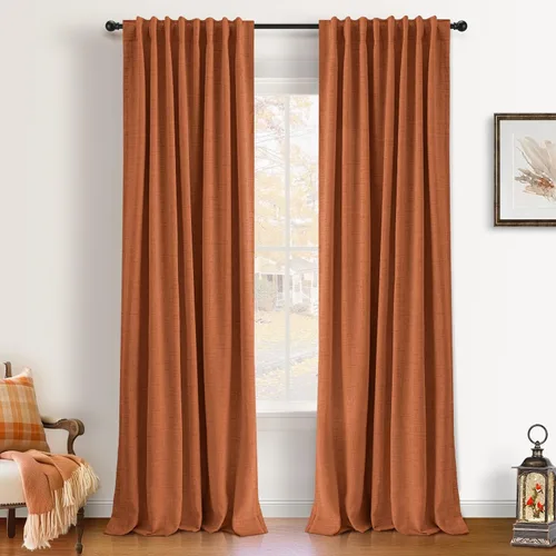 Vista 16 de INOVADAY Cortinas 100% opacas de 63 pulgadas de largo, juego de 2 paneles de lino con pestaña trasera, bolsillo para barra, cortinas opacas