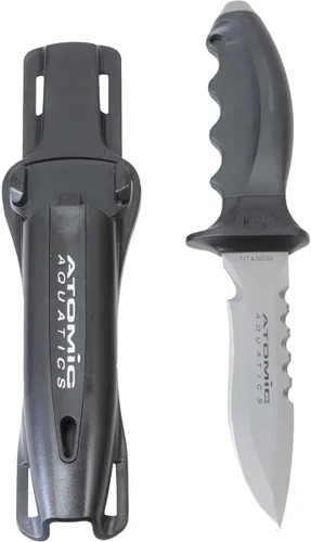 Vista 2 de Atomic Aquatics Ti6 - Cuchillo de buceo duradero de titanio resistente a la corrosión con funda bloqueable y correas de ajuste rápido para buceo