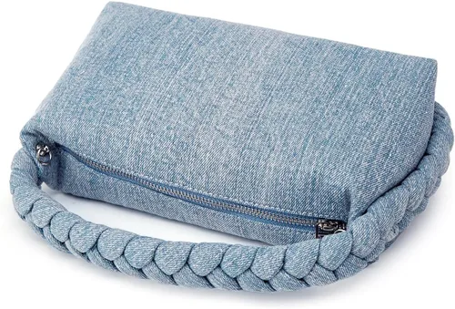 Vista 4 de Bolso de mezclilla vintage para mujer, bolso de mezclilla tejido con asa superior, bolso cruzado ligero de diseñador con cadena