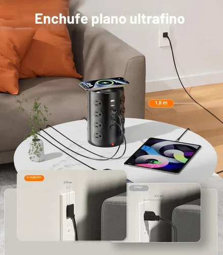 Vista 3 de Torre de tira de alimentación con protector de sobretensión, TenTrend con 16 tomas de corriente y 5 puertos USB (2 USB-C), estación de carga de 2000