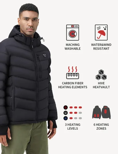 Vista 3 de Chaqueta térmica para hombre con batería de 12 V y guantes calentadores de manos, chaqueta con capucha aislante de calefacción eléctrica