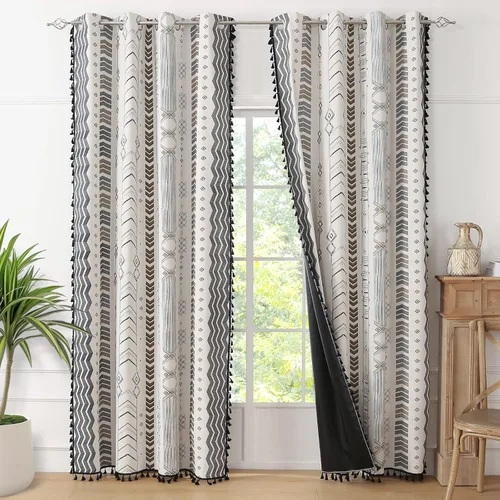 Vista 15 de Cortinas Boho ColorBird Beige Crema opacas, 2 paneles de 63 pulgadas de largo, tratamiento para ventanas con aislamiento térmico, estampado