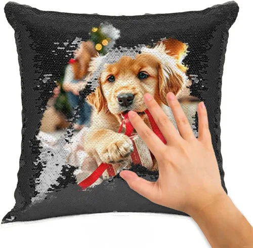 Vista 6 de Funda de almohada con lentejuelas para fotos/texto, imagen oculta, regalo personalizado único para amigos, familia, mascotas, lentejuelas negras