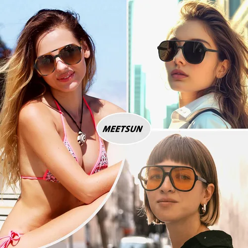 Vista 3 de MEETSUN Lentes de sol estilo aviador retro de gran tamaño para mujeres y hombres, cuadrados, de los años 70, estilo vintage
