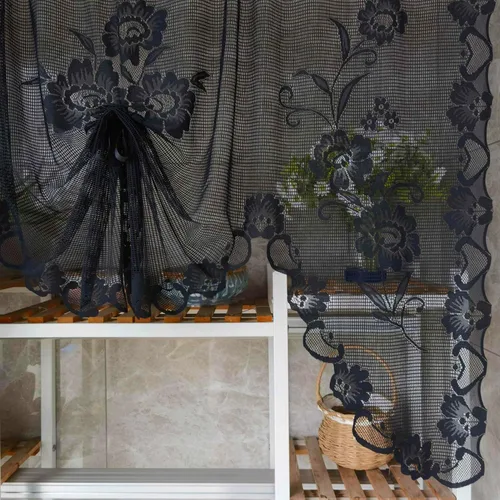 Vista 9 de Cenefa de cortina de encaje transparente con bordado floral negro, estilo princesa, estilo princesa, cenefa de cortina bordada en cascada
