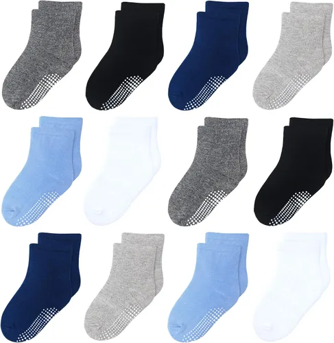 Vista 9 de 12 paquetes de calcetines antideslizantes para niños y bebés con agarre para niños de 1-7 años, calcetines de algodón de tripa para niños y niñas