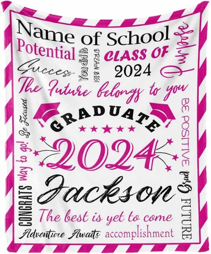 Vista 22 de Manta personalizada con nombre de graduados y escuela para un regalo único, manta personalizada de graduación de clase de 2024, manta suave, 30 x 40