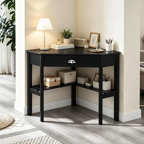 Vista 2 de Tangkula - Escritorio esquinero para computadora, mesa compacta de madera Negro