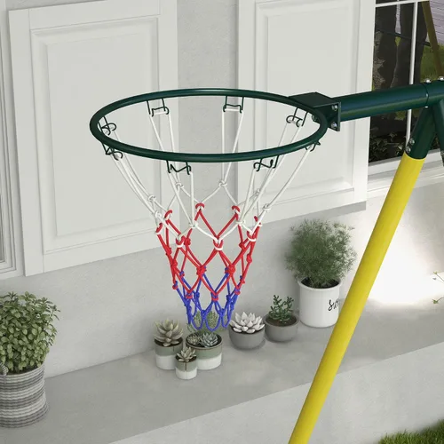 Vista 9 de Outsunny Juego de columpios de 440 libras para patio trasero, soporte 5 en 1 resistente con marco en A, juego al aire libre para niños, con columpio