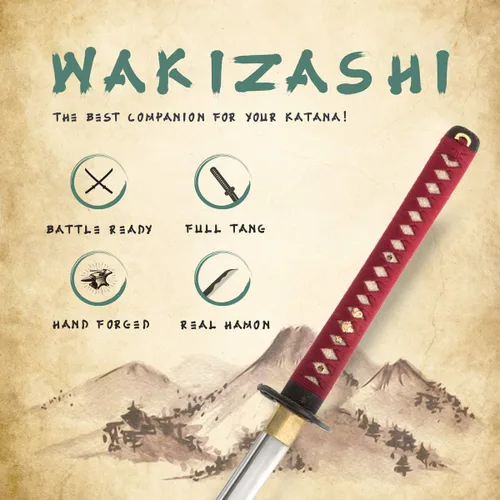 Vista 2 de HMS Espada samurai wakizashi japonesa, Oda Nobunaga Tsuba, forjada a mano, acero al carbono 1045, templado con calor, espiga completa, afilada oda