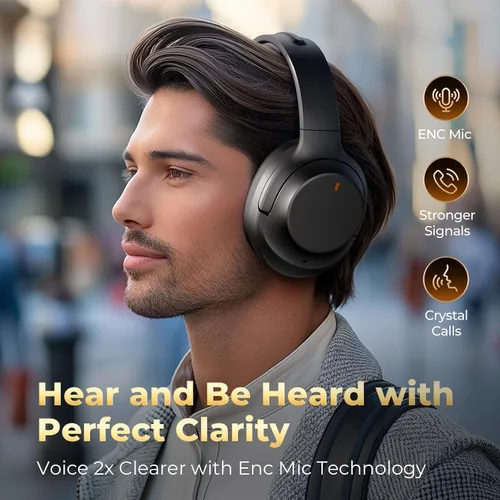Vista 5 de Auriculares con cancelación activa de ruido, auriculares Bluetooth inalámbricos mejorados sobre la oreja con micrófono ENC, graves profundos estéreo