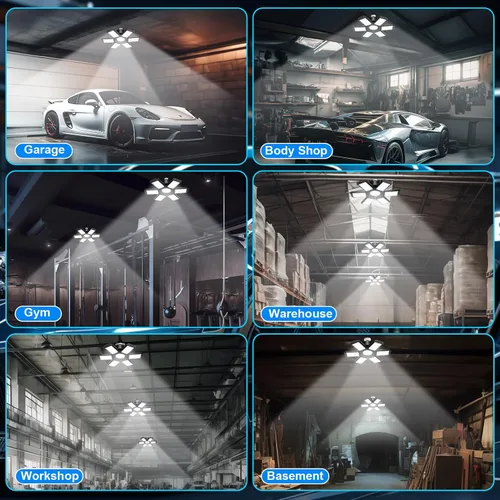 Vista 6 de Paquete de 2 Luces de Garaje, 200W 20000LM 6500K Luces LED de Taller, Luces LED de Techo de Garaje con 6+1 Paneles Ajustables para Sótano, Granero