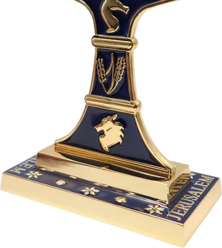 Vista 3 de Menorá de Esmalte Azul de Jerusalén de 7 Ramas, 10.8" de alto, con 12 Tribus de Israel, Portavelas (27.4 cm)