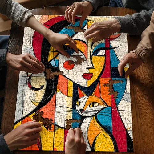 Vista 4 de Rompecabezas de arte abstracto para adultos, 1000 piezas, rompecabezas de gato para mujeres, geométricos modernos, rompecabezas de animales únicos