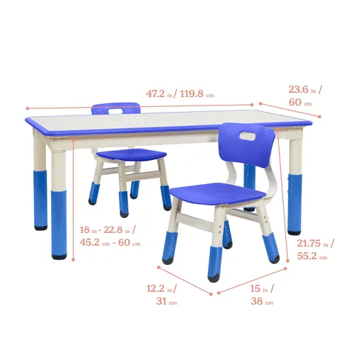 Vista 2 de ECR4Kids Mesa de actividades rectangular de borrado en seco con dos sillas, muebles para niños, azul, 3 piezas