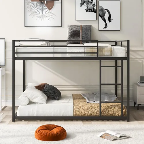 Vista 3 de Litera baja de tamaño matrimonial con escalera, litera de metal con barandillas de seguridad para niños, adolescentes y adultos, no requiere somier