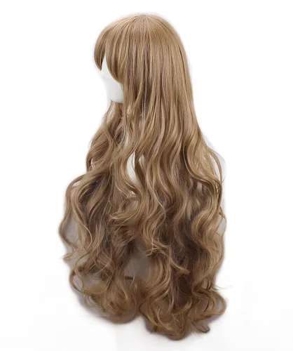 Vista 5 de Pelucas de cosplay de anime para mujer, con flequillo, largo, ondulado, marrón claro, resistente al calor, pelo de fibra para Halloween, cómic
