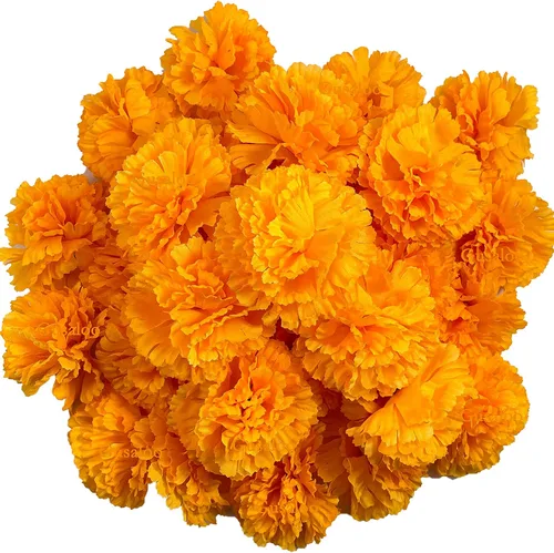 Vista 16 de Cabezas de flores de caléndula a granel, 50 unidades, flores artificiales de caléndula de seda para decoración del hogar, Diwali, corona