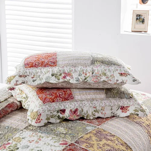 Vista 6 de YAYIDAY Juego de colcha de retazos tamaño Queen, 100% algodón, reversible, transpirable, rojo, multicolor, acolchado con fundas de almohada