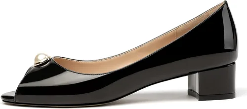 Vista 2 de MODENCOCO Zapatos de tacón bajo grueso para mujer, con puntera abierta, decoración de perlas, 1.5 pulgadas