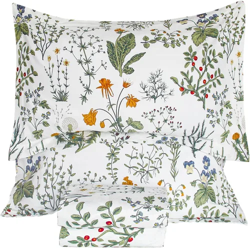 Vista 13 de QSH Sábanas 100% Algodón para Cama Tamaño King, Patrón de Plantas Florales Blancas Botánicas de Lujo de Algodón con Estampado Floral Ropa de Cama