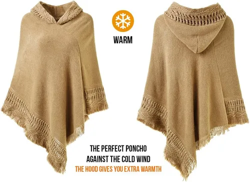 Vista 3 de Capa con capucha Ferand, con flequillo en el dobladillo, patrones de ganchillo para tejer poncho, para mujer.