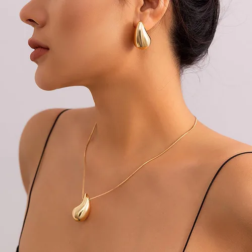 Vista 3 de Aretes gruesos de lágrima para mujer, juego de aretes de aro de oro de moda, aretes de oro