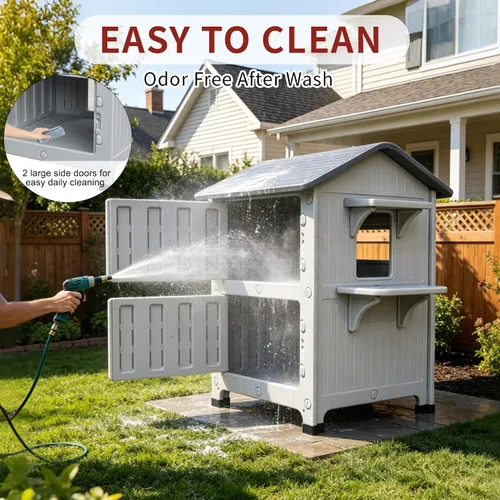 Vista 5 de Rockever Casa de gato con aislamiento de plástico para exteriores con puerta de escape, casa impermeable de 2 pisos para gatos al aire libre