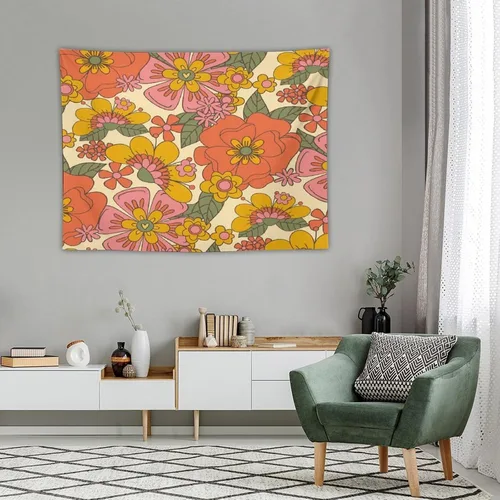 Vista 4 de Houselerax Tapiz floral retro de los años 60 y 70, diseño hippie de primavera Groovy Flower Power Flower Boho para colgar en la pared, arte neutro