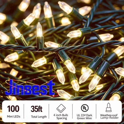 Vista 7 de Guirnalda de 100 Luces LED Blanco Cálido de Cable Verde para Navidad, con Certificación UL y Cadena de Iluminación Decorativa Comercial de 35 Pies
