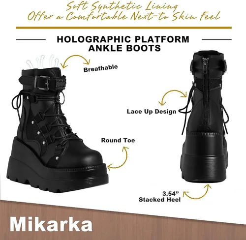 Vista 3 de mikarka Botas de plataforma holográfica para mujer, con cordones, hebilla con tachuelas, góticas, apiladas, botas de combate