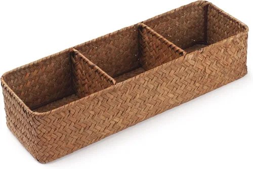 Vista 12 de DECRAFTS Cesta de almacenamiento de pastos marinos con tapa, rectangular, pequeña, tejida con secciones para organizar aperitivos, juguetes, tampón