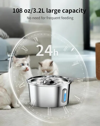 Vista 5 de Fuente de agua para gatos, fuente para gatos de 3.2L/108 onzas con ventana de nivel de agua, fuente de agua para mascotas de acero inoxidable