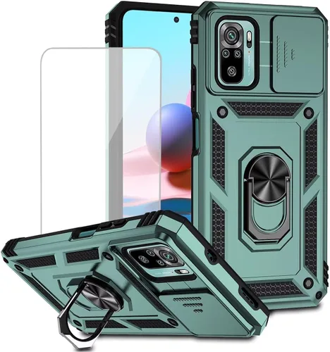 Vista 12 de Funda para Redmi Note 10/Redmi Note 10S/Poco M5S con protector de pantalla de vidrio templado y cubierta de cámara deslizante, anillo magnético Negro