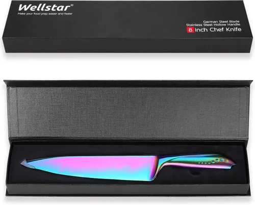 Vista 8 de WELLSTAR Cuchillo de chef de 8 pulgadas, hoja de acero alemán afilada y cómodo mango de protección de dedos con revestimiento de titanio arcoíris