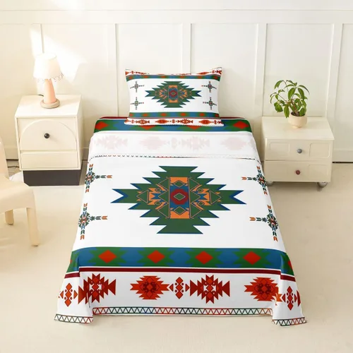 Vista 50 de Juego de sábanas occidentales tamaño individual, sábana bajera azteca, estilo nórdico exótico, bohemio, diseño de tribu india, geometría étnica