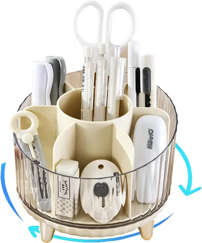 Vista 7 de Soporte giratorio para lápices, organizador de escritorio con diseño de múltiples compartimentos, solución de almacenamiento elegante y funcional