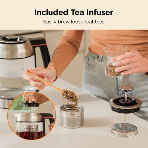 Vista 3 de CUCKOO Hervidor de té eléctrico con infusor, hervidor eléctrico de vidrio con control de múltiples temperaturas, luces LED fáciles de leer, olla