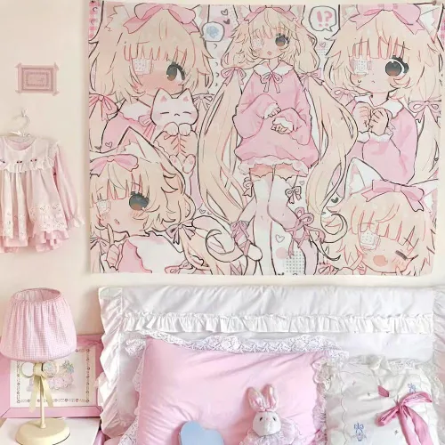 Vista 5 de Bonito tapiz colorido de anime, Kawaii japonés divertido diseño de dibujos animados para niñas, tapiz rosa para sala de estar, dormitorio, 11